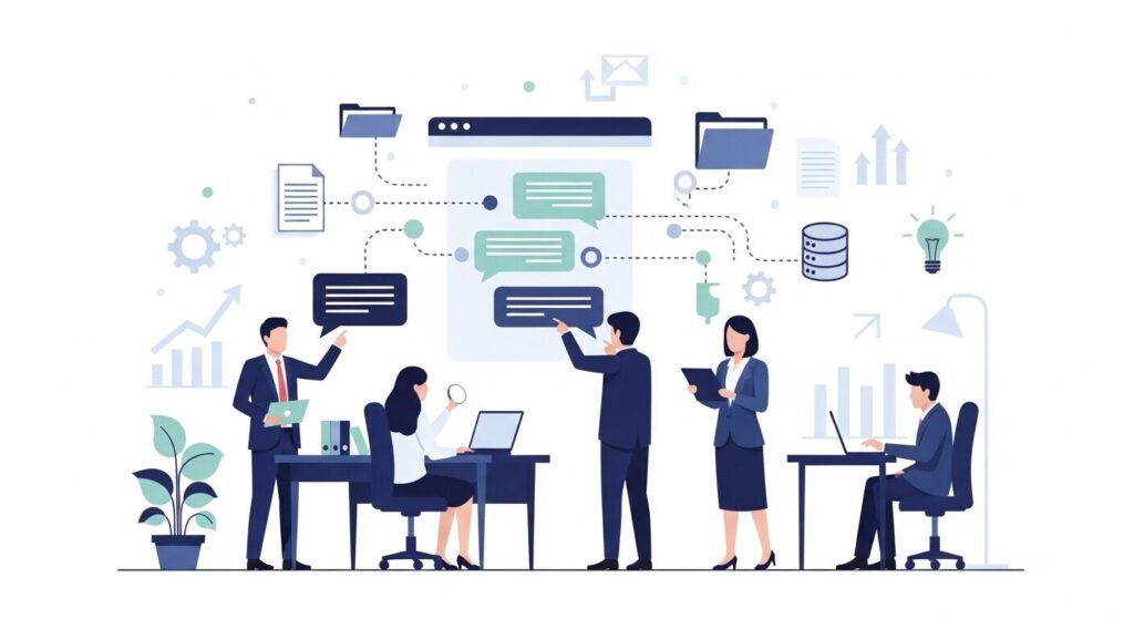 ChatGPTに社内データを学習させる必要性を示すイラスト。3名のビジネスパーソンが社内資料とAIを連携させている様子。