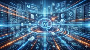 AIが業務を高速で処理している様子を示す未来的なデザイン。効率化されたデジタルワークフローのイメージ