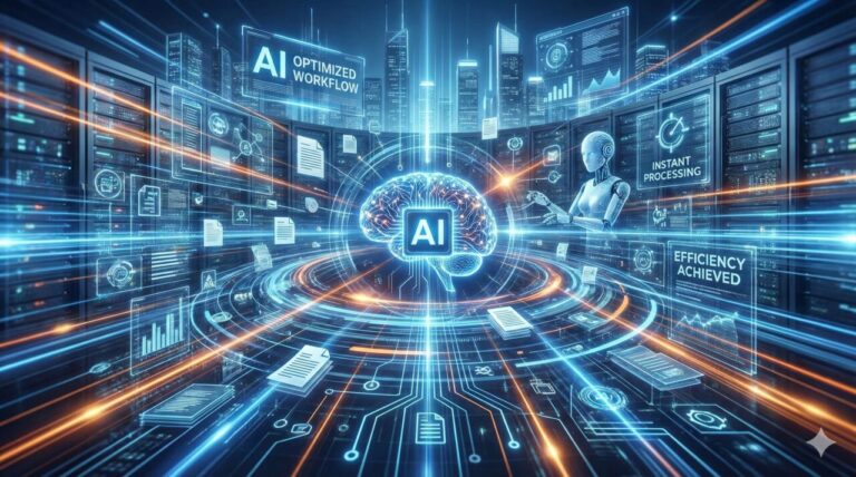 AIが業務を高速で処理している様子を示す未来的なデザイン。効率化されたデジタルワークフローのイメージ