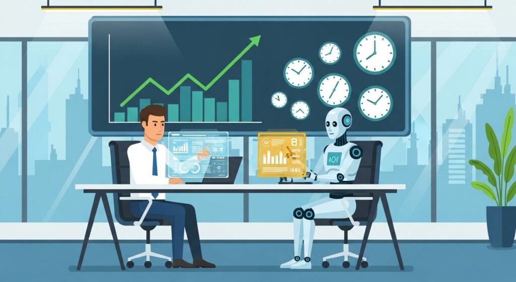 近未来オフィスでAIロボットと人間のビジネスパーソンが協力して働き、右肩上がりのグラフと時計が描かれたイラスト
