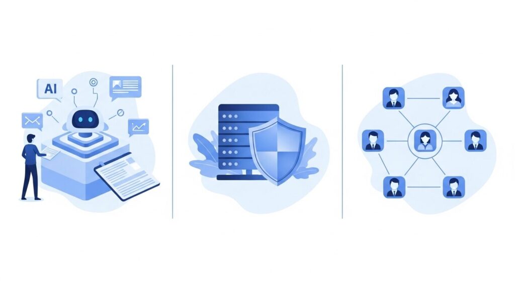 企業がChatGPT導入支援を必要とする3つの理由を表したイラスト。自律的にタスクをこなすAIエージェント、データサーバーを守るセキュリティシールド、複数部門をつなぐ自動化ワークフローの3場面で構成されている。