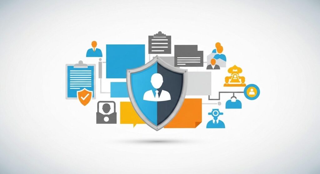 中央のシールドを囲むように情報漏洩・ウイルス・法規制・シャドーAI・ROI不透明さを表すアイコンが配置されたセキュリティ対策のイラスト