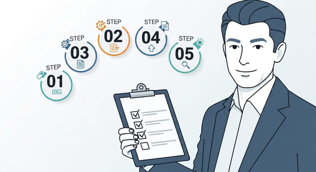 チェックリスト付きクリップボードを持つビジネスパーソンの周囲に5つのステップアイコンが並ぶガイドライン策定プロセスのイラスト