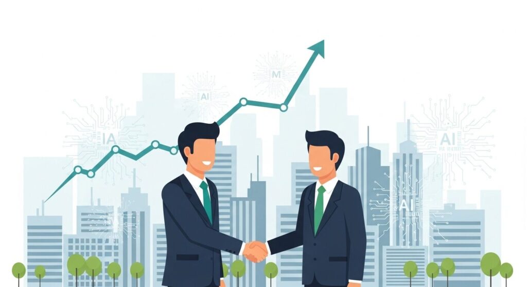 コンサルタントと企業担当者が握手するイラスト。背景にオフィスビル・右肩上がりのグラフ・AI回路パターンが描かれ、専門性と信頼感を表現