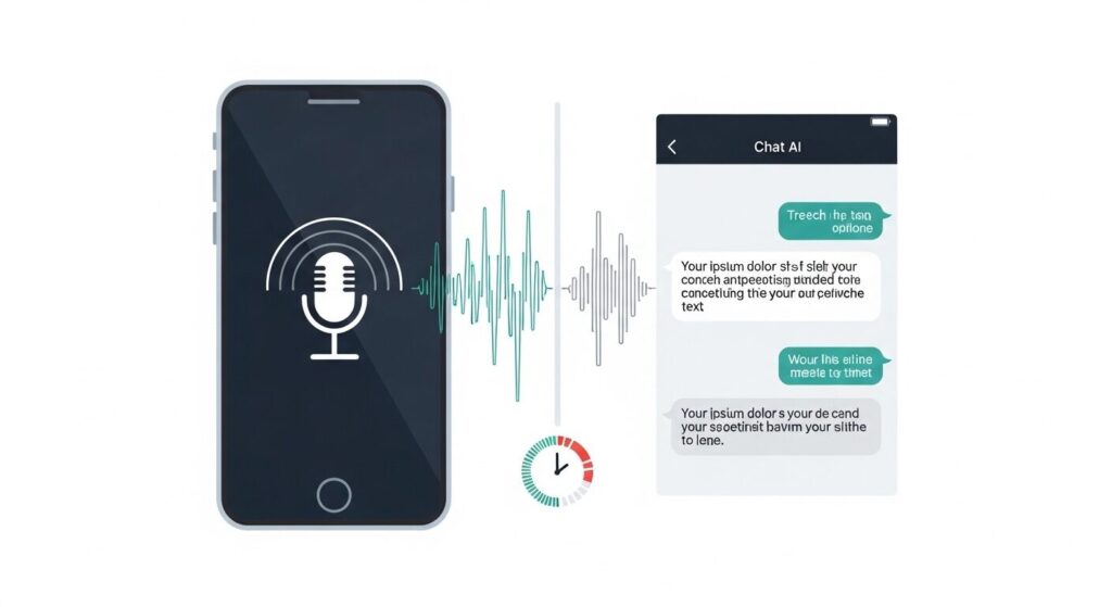 マイクアイコン付きのスマートフォンとAIチャット画面を音声波形でつないだ2分割イラスト。ChatGPTによるリアルタイム文字起こしのイメージ。