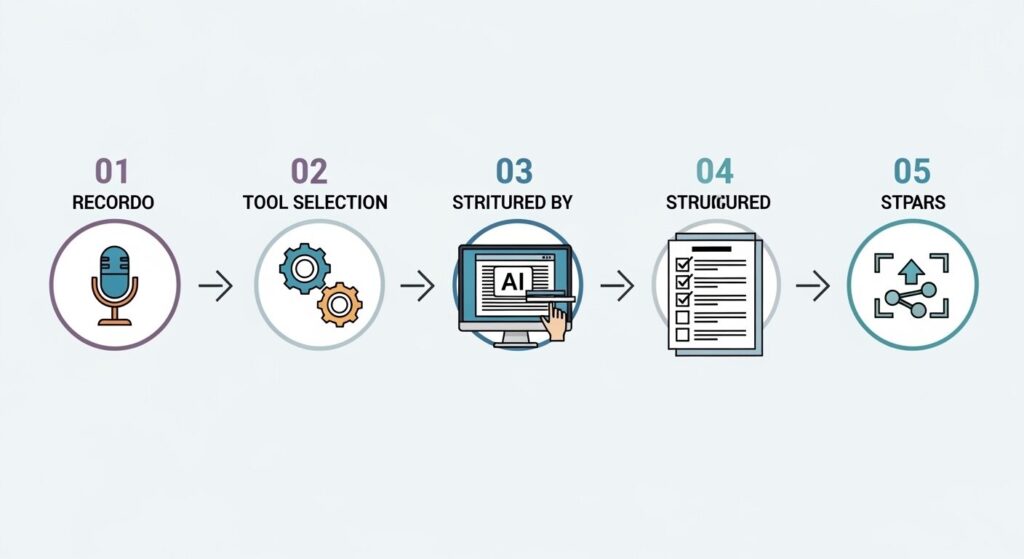 録音・ツール選定・AI整形・議事録作成・共有の5つの工程を番号付きアイコンと矢印で示したフロー図。ChatGPTを使った文字起こし効率化の5ステップのイメージ。
