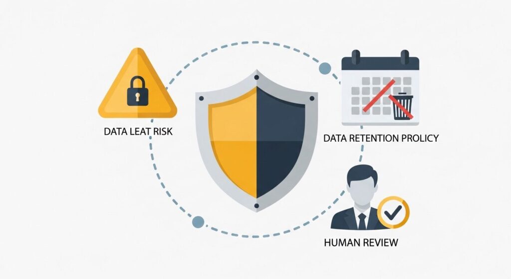 中央のシールドアイコンを囲むように、鍵付き警告マーク・削除アイコン付きカレンダー・チェックマーク付き人物シルエットを配置したイラスト。ChatGPT利用時のセキュリティ対策イメージ。