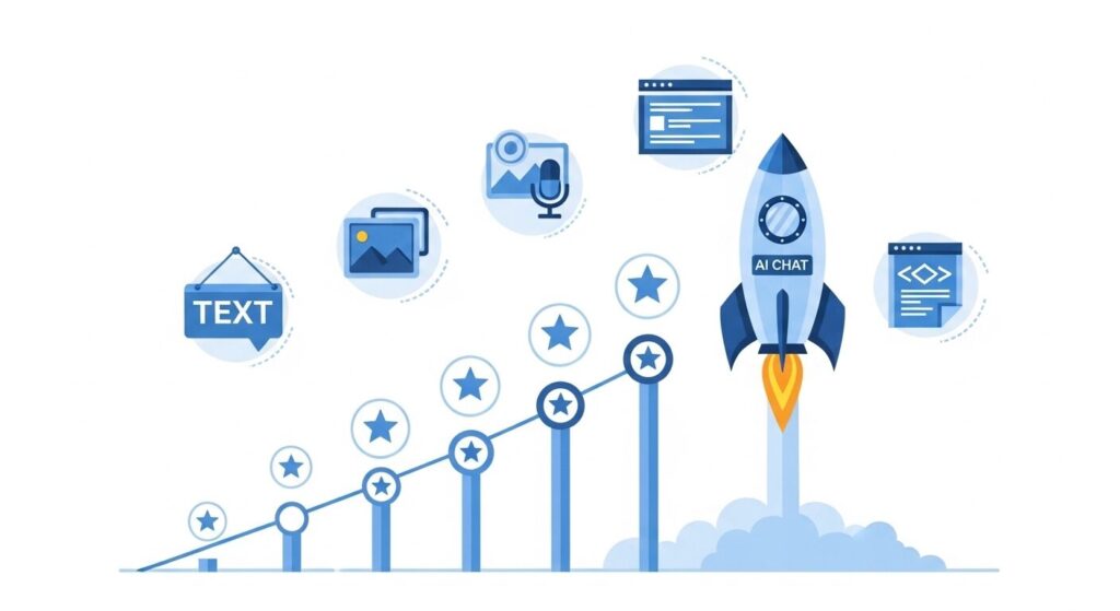 ChatGPTの進化を示すタイムラインのイラスト——2022年から2026年にかけての機能拡充を表現