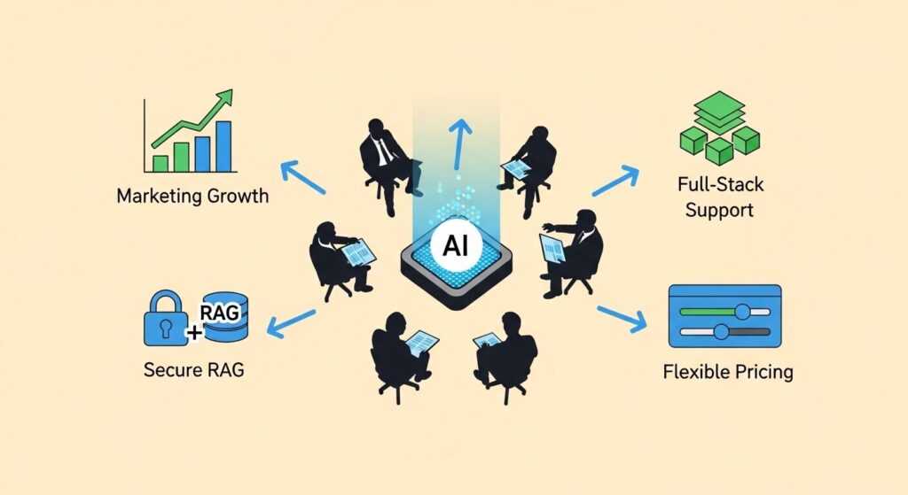中央のAIシステムを囲む専門家チームのイラスト。売上向上・一気通貫サポート・セキュアなRAG構築・柔軟な料金体系という4つの強みがアイコンと矢印で放射状に示されており、信頼性と専門性を表現している。