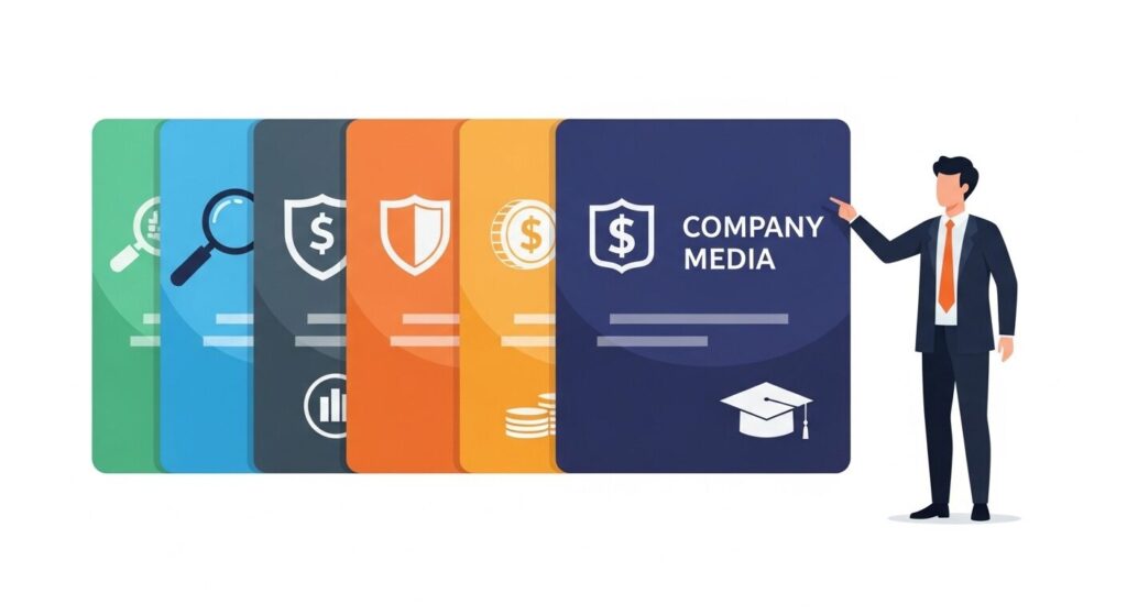 複数の支援会社をパネル形式で並べた比較イラスト。各パネルは得意領域を示すアイコンで識別され、ビジネスパーソンが最適なパートナーを選ぶ様子を表している。