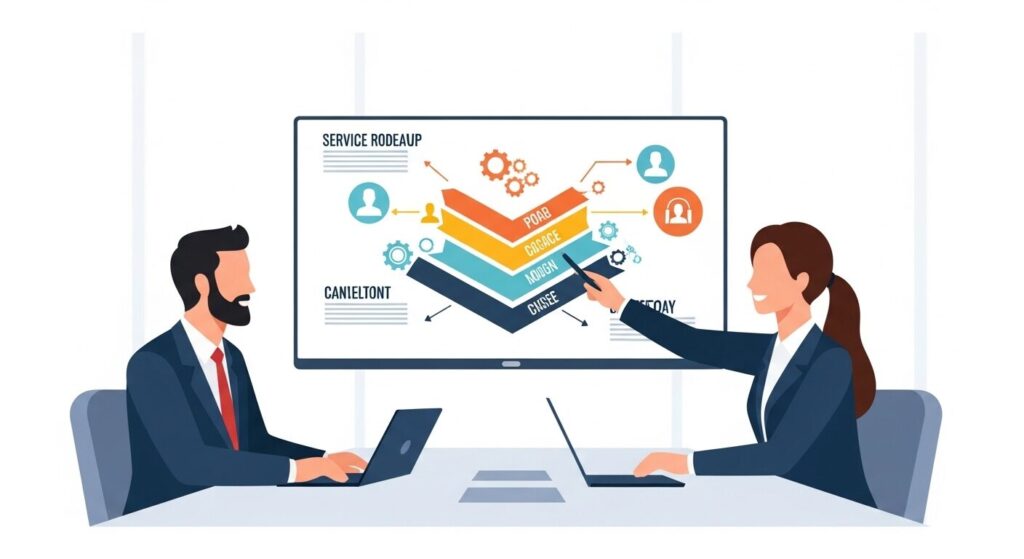 コンサルタントとクライアントが会議テーブルで大型スクリーンのロードマップを確認しているイラスト。戦略策定からシステム構築・研修・運用までの導入支援プロセスを視覚的に示している。