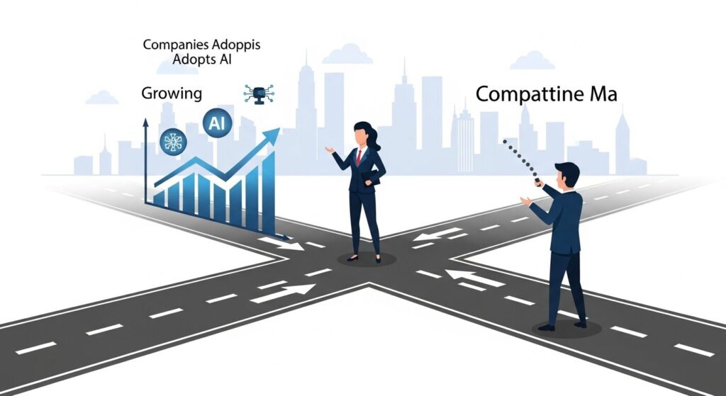 AI導入の波に乗る企業と乗り遅れる企業の分岐点を示すビジネスイラスト