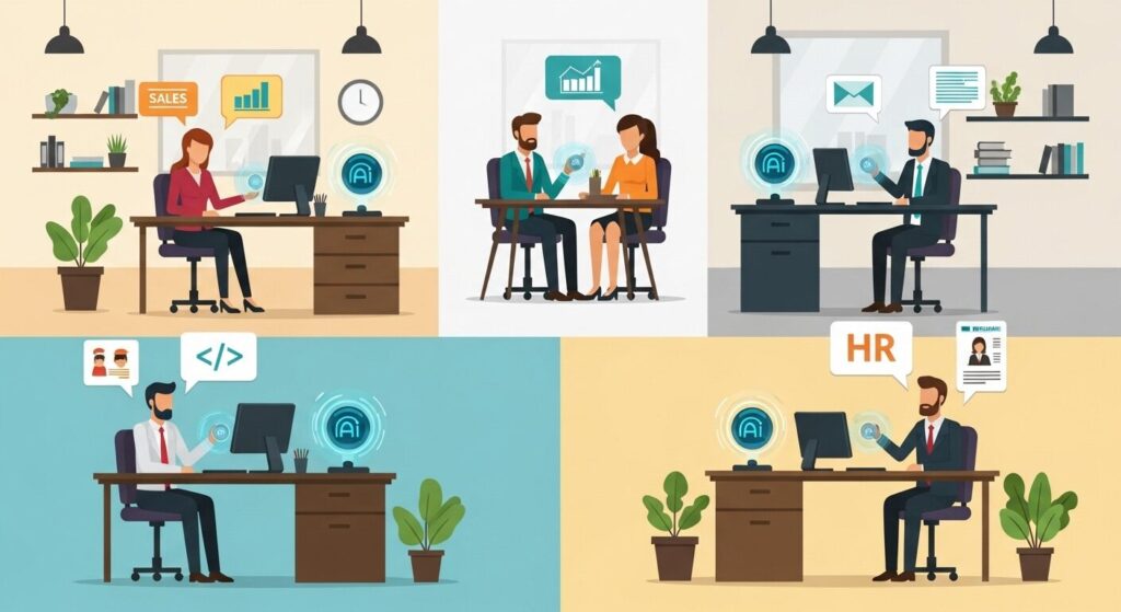 営業・デザイン・エンジニア・人事など各職種でChatGPTを活用するオフィスシーンのイラスト