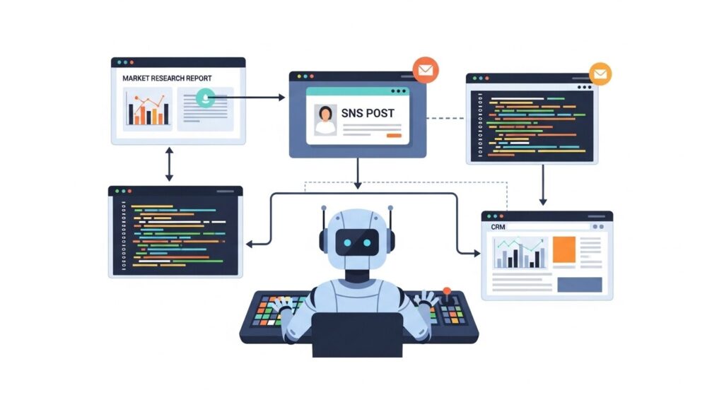 AIエージェントが複数の業務タスクを自律的に実行する様子を表したイラスト