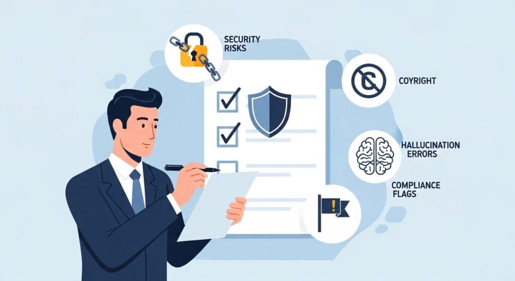ChatGPT導入時のセキュリティ・著作権・法令遵守などの注意点を示すイラスト