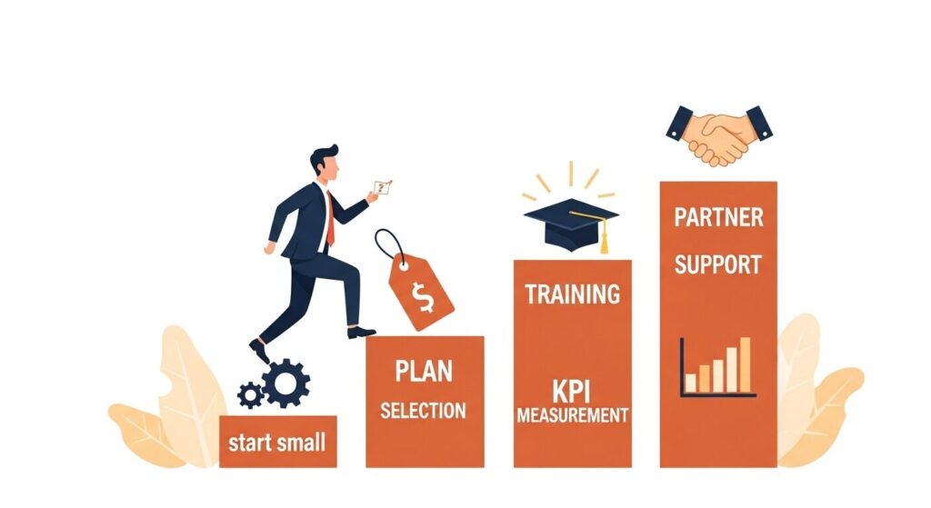 中小企業がChatGPTを導入する5つの実践ステップを表した階段状のイラスト