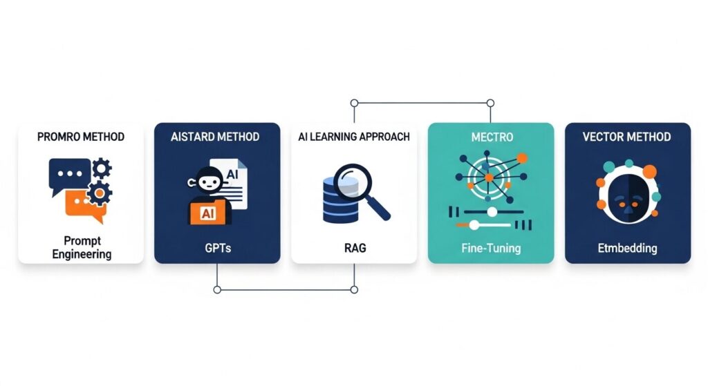 ChatGPTに社内データを学習させる5つの方法を比較するイラスト。プロンプト・GPTs・RAG・ファインチューニング・エンベディングの5手法をカード型で並列表示。