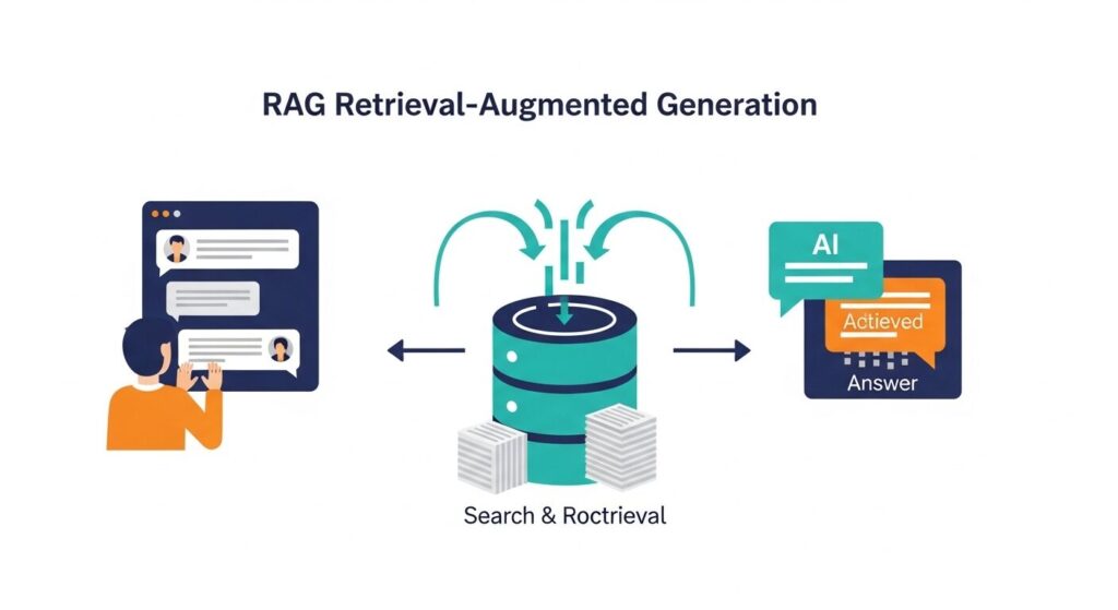 RAG（検索拡張生成）の仕組みを解説するイラスト。質問→社内データ検索→AIが回答を生成する流れを横方向に図解。