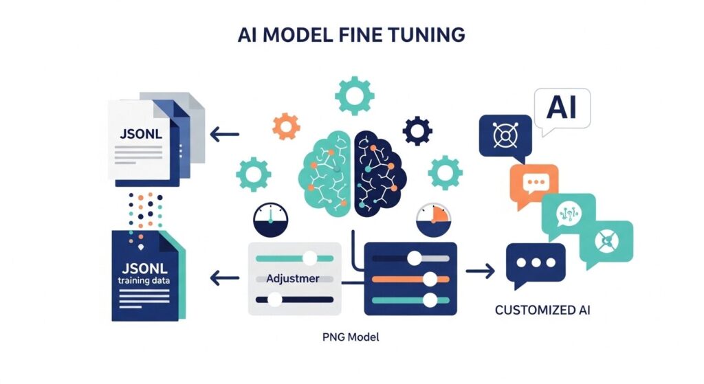 ChatGPTのファインチューニングの仕組みを示すイラスト。学習データがAIモデルに取り込まれ、カスタマイズされた出力を生成する様子。