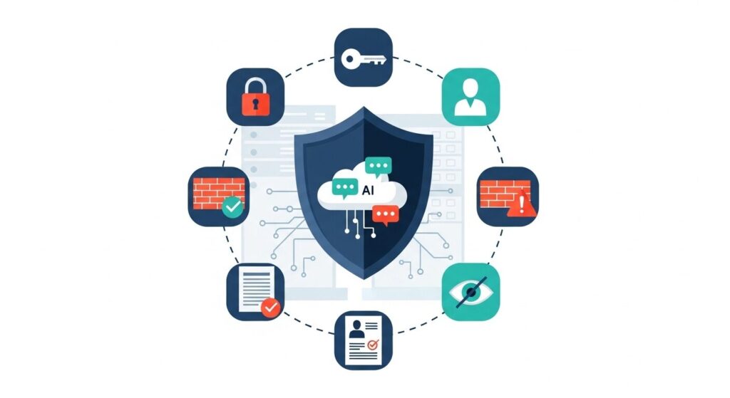 ChatGPTに社内データを学習させる際のセキュリティ対策を表すイラスト。シールドと錠前のアイコンで情報保護の重要性を象徴。