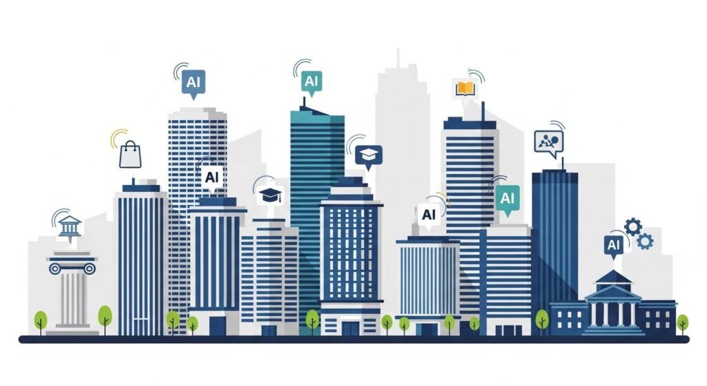 ChatGPTを導入した大手企業の事例を象徴するイラスト。金融・教育・製造・自治体など多様な業界のビル群とAIアイコンを配置。