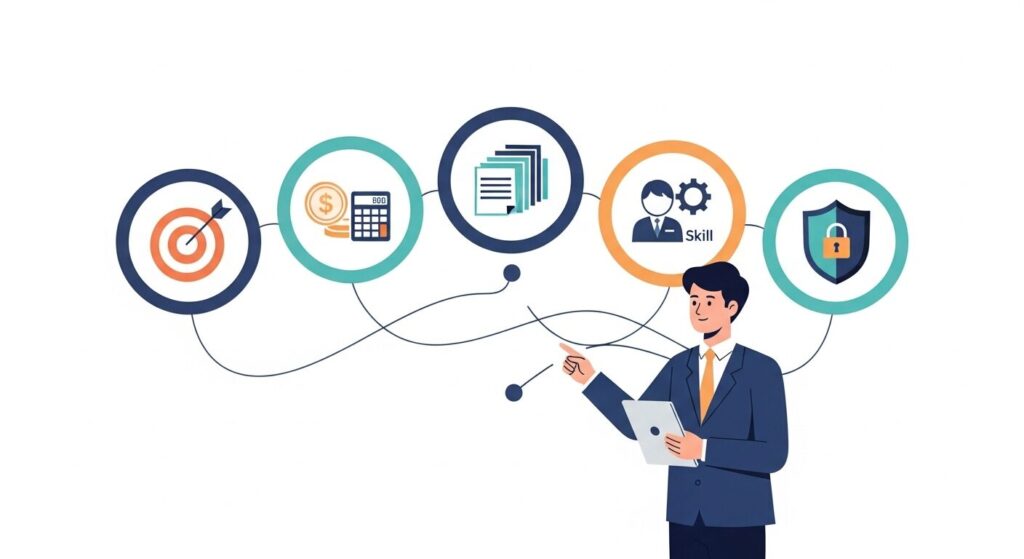 ChatGPT社内データ学習の選定基準を示すイラスト。目的・データ量・予算・スキル・セキュリティの5つの判断軸をビジネスパーソンが検討する様子。