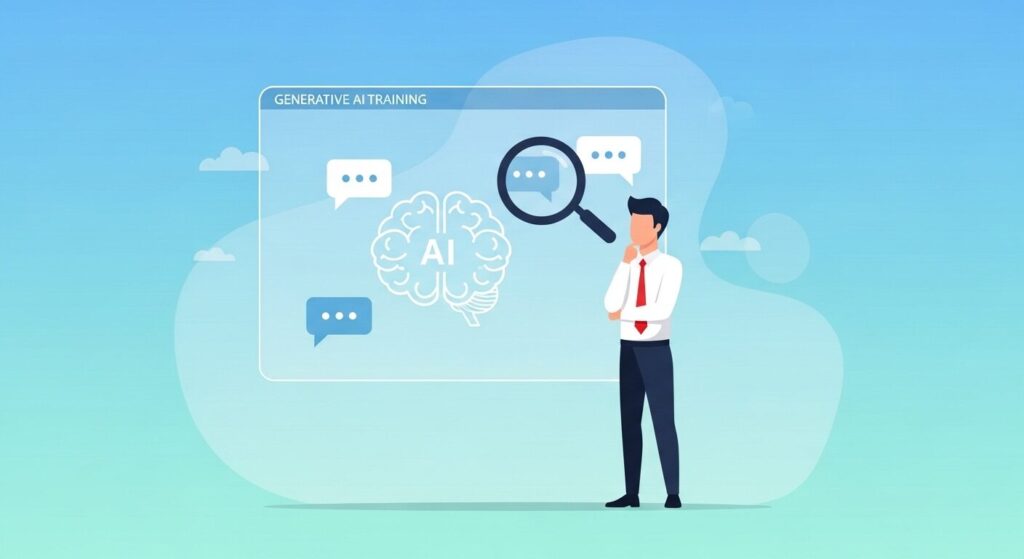 生成AI研修の定義と背景を象徴する、AIアイコンを見つめるビジネスパーソンのイラスト