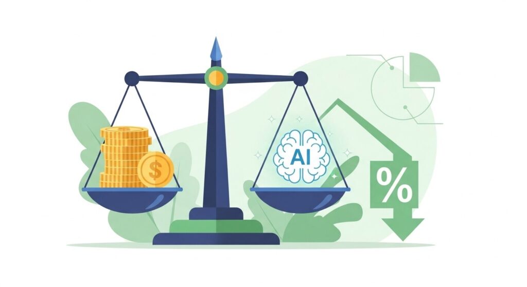 天秤でコストとAIの価値を比較する費用相場のイラスト
