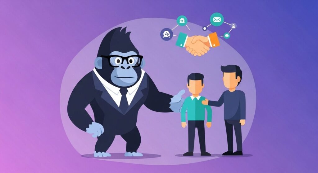 デジタルゴリラによる生成AI導入支援サービスを紹介する記事のセクション画像。コンサルタント役と顧客役の2体のゴリラキャラクターが伴走支援する様子をビジネス調のベクターイラストで表現。