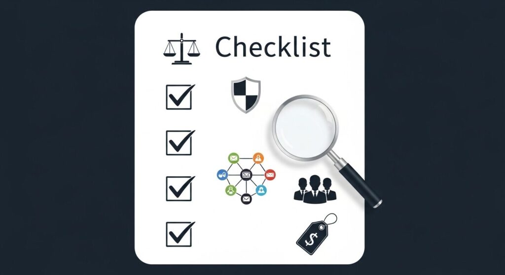 導入支援会社を選ぶ際の5つのチェックポイントを示したイラスト。業務知識とAI技術力のバランス・セキュリティ対策・SaaS連携実績・現場定着サポート・コスト体系の明確さを各アイコンとチェックボックスで表現している。