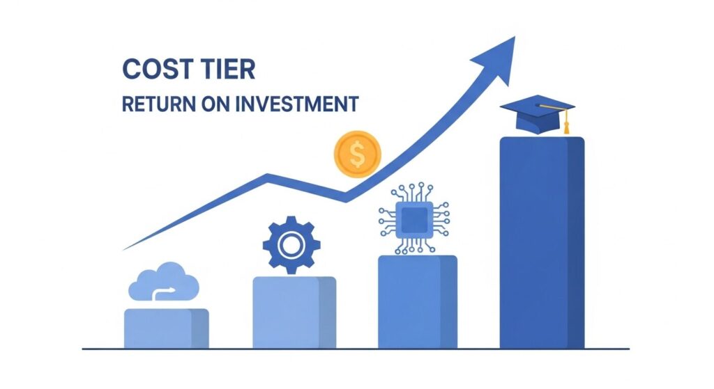 ChatGPT導入支援の費用相場とROIの関係を示した棒グラフイラスト。コンサルティング・システム開発・SaaSツール・研修の4つのコスト帯を棒グラフで表し、右肩上がりの矢印で投資回収効果を視覚化している。