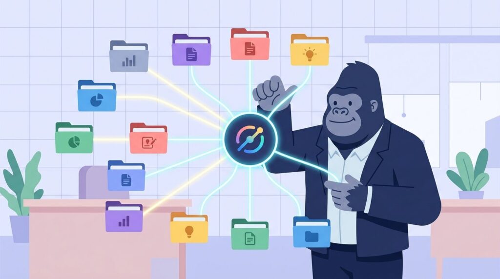 ClaudeのProjects機能で業務プロジェクトのナレッジを集約し継続管理する様子を示すイラスト