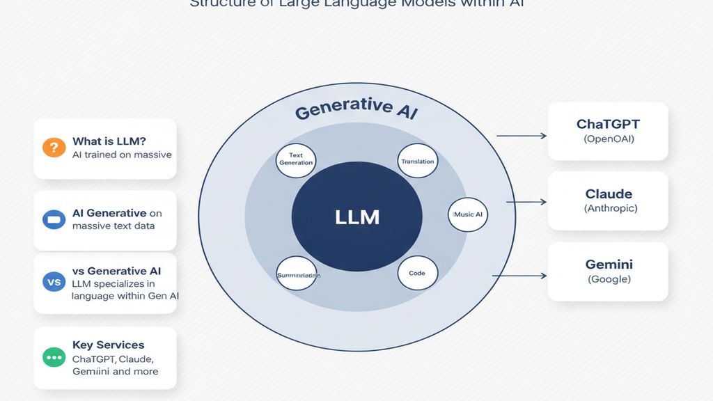 LLMと生成AIの関係図|大規模言語モデルが生成AIの中核技術である構造を同心円で視覚化