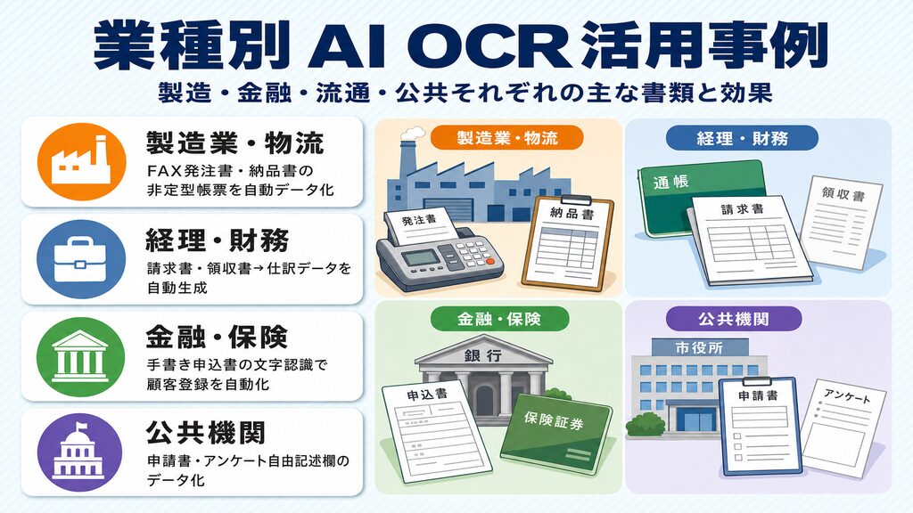 製造・経理・金融・公共機関別のAI OCR活用事例マトリクス:主な書類種別と業務効率化効果の図解