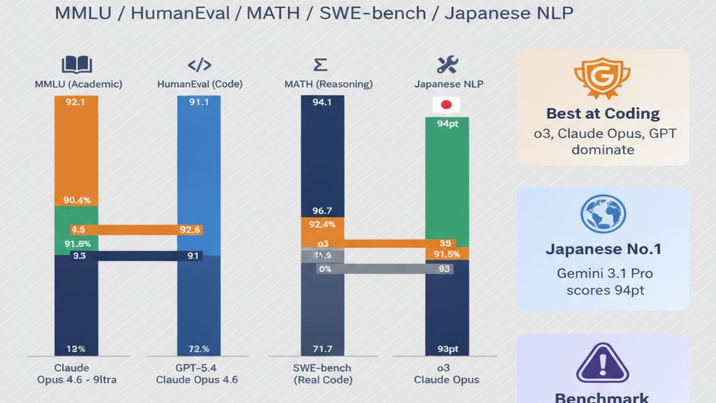 LLMベンチマーク別トップモデル一覧2026年版|MMLU・HumanEval・MATH・SWE-bench・日本語の5軸比較
