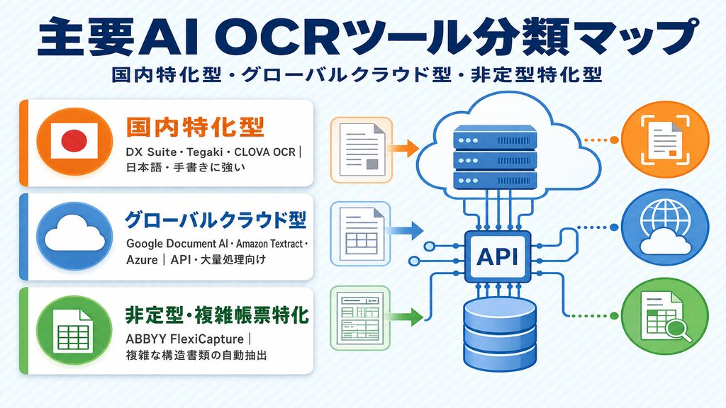 主要AI OCRツール比較2026年最新:国内特化型(DX Suite・Tegaki)・グローバルクラウド型(Google/AWS/Azure)・非定型特化型(ABBYY)の分類マップ