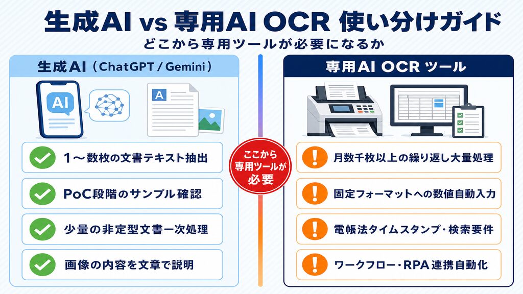 生成AIと専用AI OCRの使い分けガイド(できる範囲・必要な領域の2列比較)