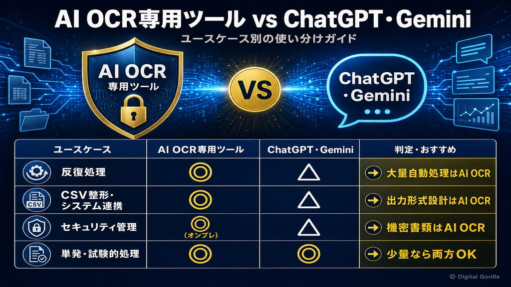 AI OCR専用ツールvsCharGPT・Geminiのユースケース別比較:反復処理・CSV整形・セキュリティ・単発処理の◎△×評価表