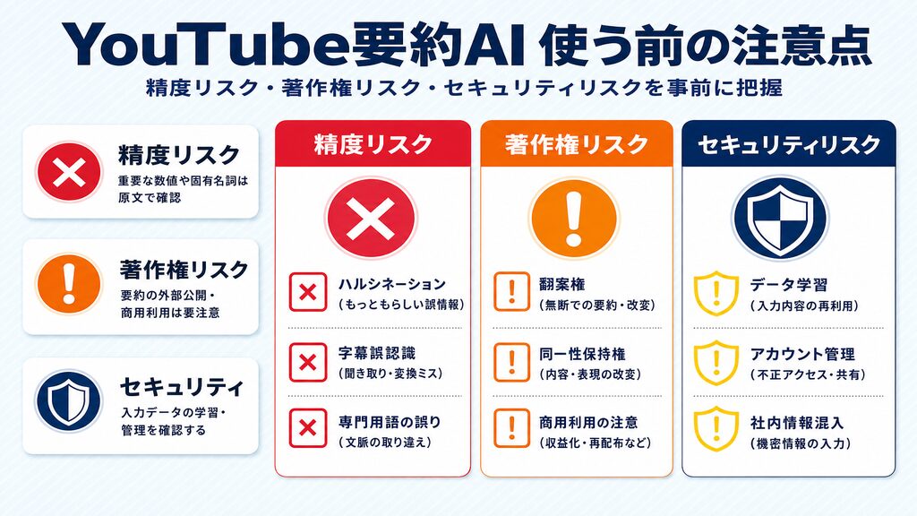 YouTube要約AI 使う前の注意点マップ|精度リスク・著作権リスク・セキュリティリスクのチェックポイント一覧