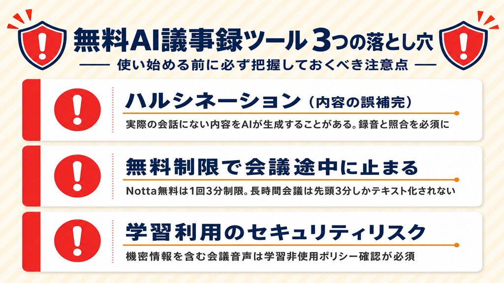 無料AI議事録ツールを使う際の3つの落とし穴（ハルシネーション・制限切れ・セキュリティリスク）を警告カードで解説