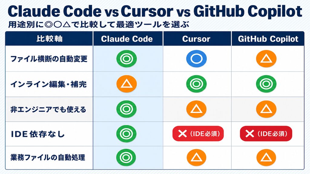 Claude CodeとCursorとGitHub Copilotを用途別に◎◯△で比較したマトリクス表