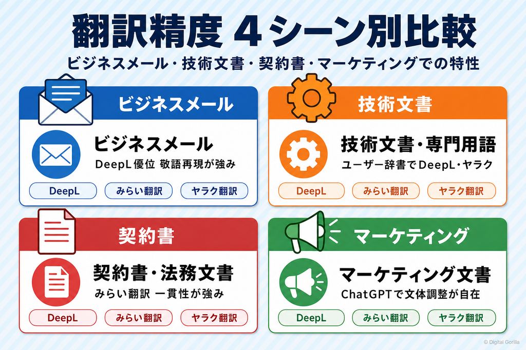 AI翻訳ツール別の翻訳精度比較(DeepL・Google翻訳・ChatGPT・みらい翻訳)