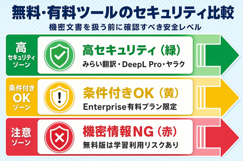 AI翻訳ツールのセキュリティ比較(無料版リスクと有料版のISO認証・データ保護の違い)
