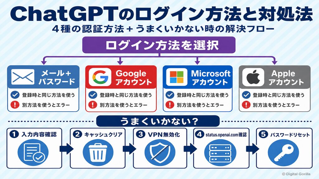 ChatGPTログイン方法の選択ツリーとログインできない時の対処フロー