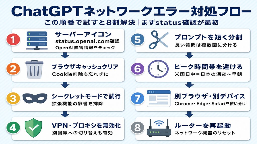 ChatGPTネットワークエラーの対処フロー:status確認からルーター再起動まで8ステップ