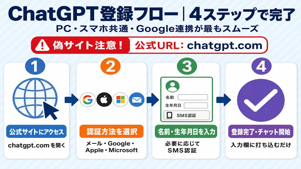 ChatGPTアカウント登録の4ステップフロー:公式URL確認からチャット開始まで