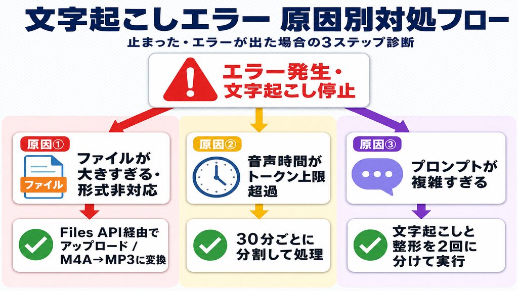 Google AI Studio文字起こしエラーの原因別対処フロー図（ファイルサイズ超過・トークン上限超過・プロンプト複雑化の3分岐と対処法）