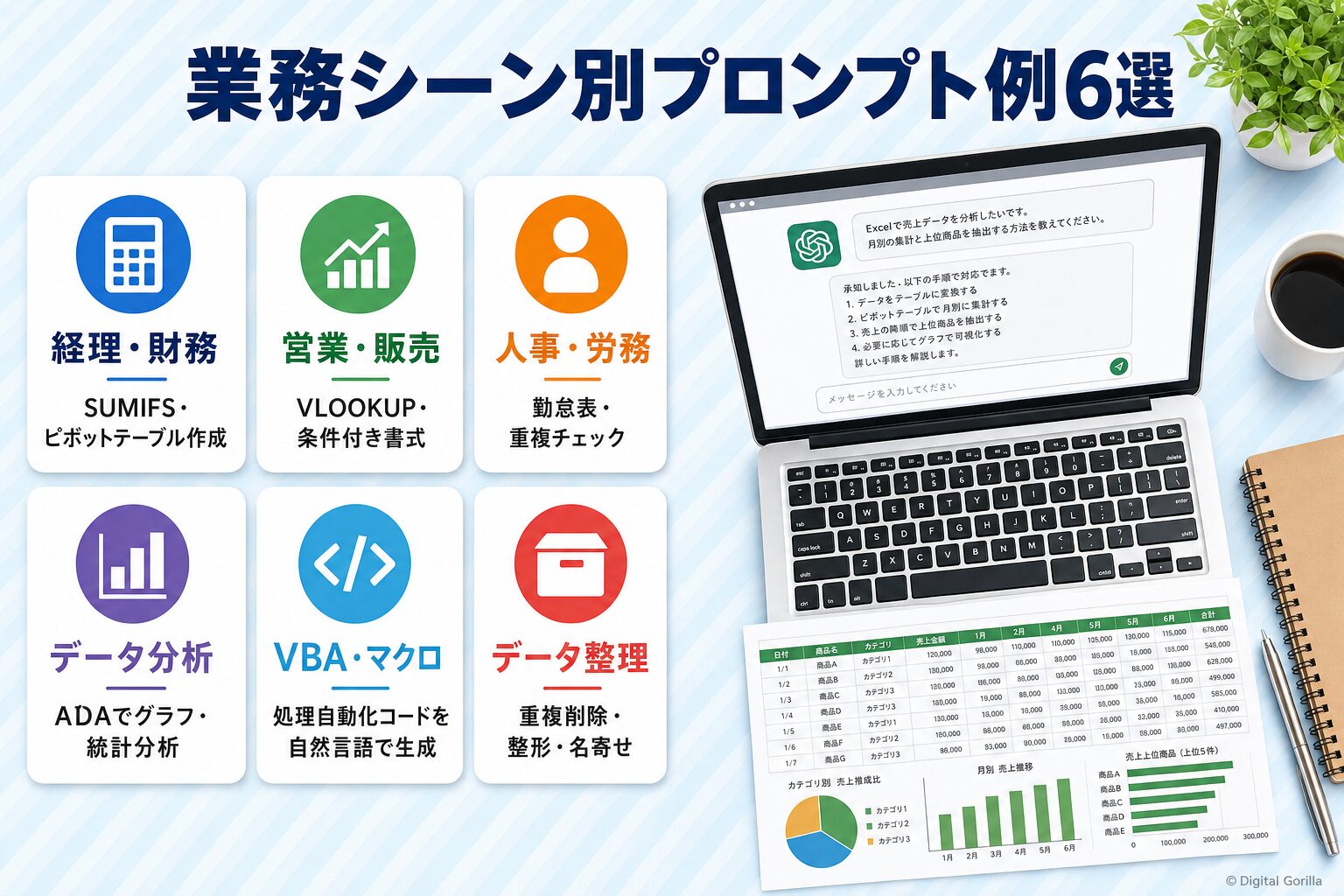 ChatGPT×Excel 業務シーン別プロンプト例6選:経理・営業・人事・データ分析・VBA・データ整理の活用図解