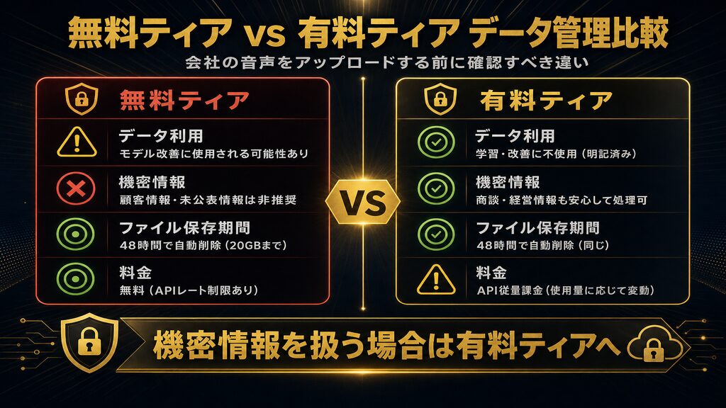 Google AI Studio無料ティアvs有料ティアのデータ管理比較図（モデル学習利用の有無・機密情報の取り扱い・ファイル保存期間・料金の違いを一覧）