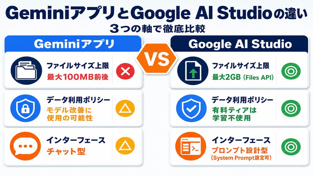 GeminiアプリとGoogle AI Studioの違いを3軸（ファイルサイズ・データ利用ポリシー・インターフェース）で比較した図解